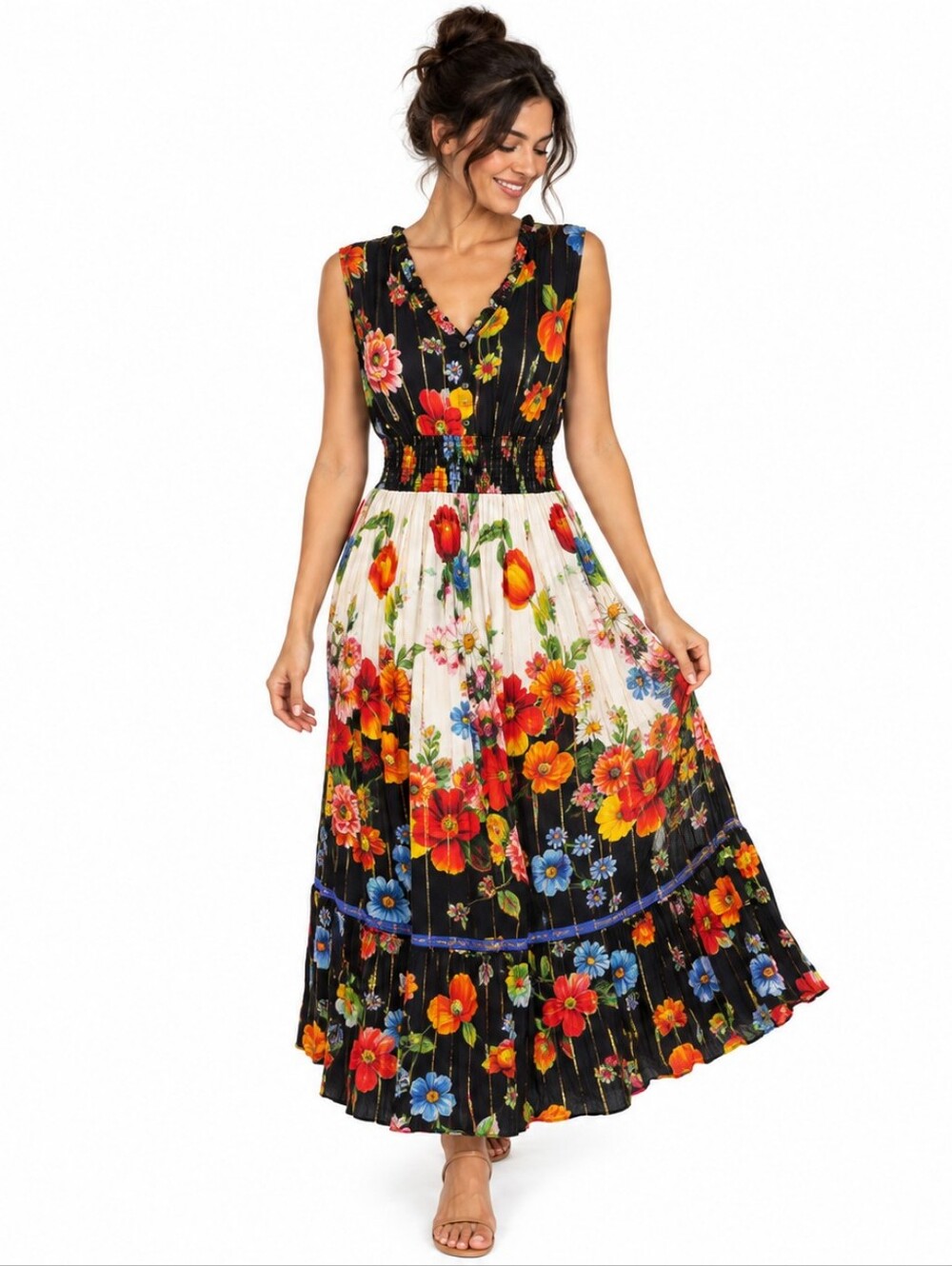 Me2Magic Maxi Dress L Black Multicolor Floral Gold Lurex Smocked Boho